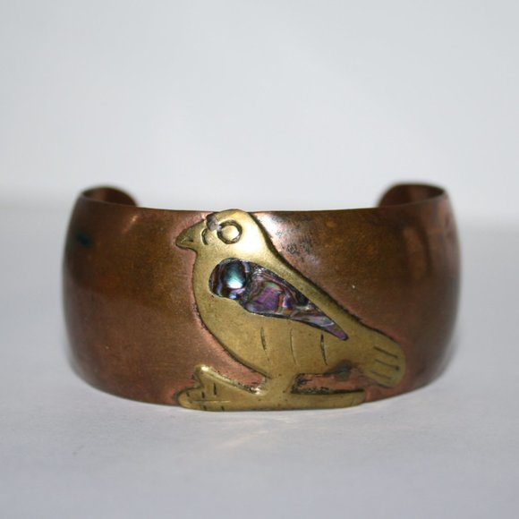 Vintage Jewelry - Vintage copper brass abalone bird cuff bracelet 7"